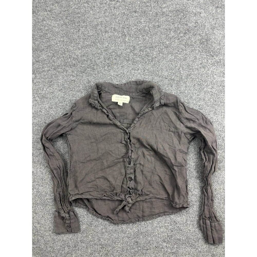 Cloth & Stone Shirt Womens XS Gray 100% Linen Long Sleeve Tie Front Cropped Top
